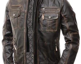 Mens Handmade Distressed Brown Leather Cafe Racer Biker Jacket