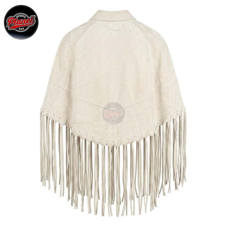 Women's genuine suede leather fringe western boho cape poncho — A cream-colored suede jacket featuring a pointed back yoke, a classic collar, and long fringe trim along the bottom hem. The garment displays a textured surface and includes a circular S