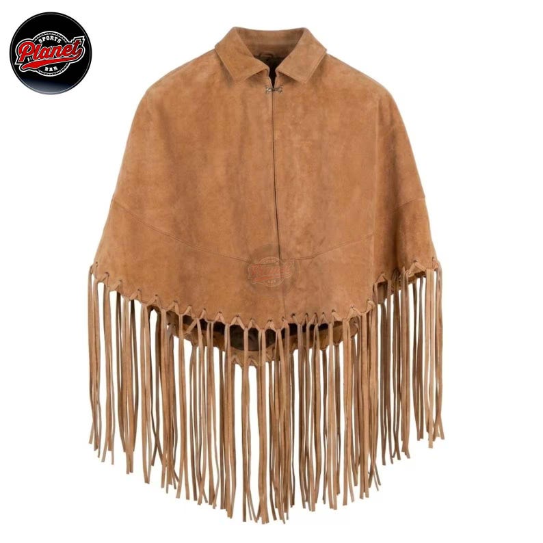 Women's genuine suede leather fringe western boho cape poncho — A tan suede poncho featuring a classic collar, a front closure, and a wide hemline adorned with long, thin fringe detailing. The garment has a smooth, matte texture and a consistent ligh