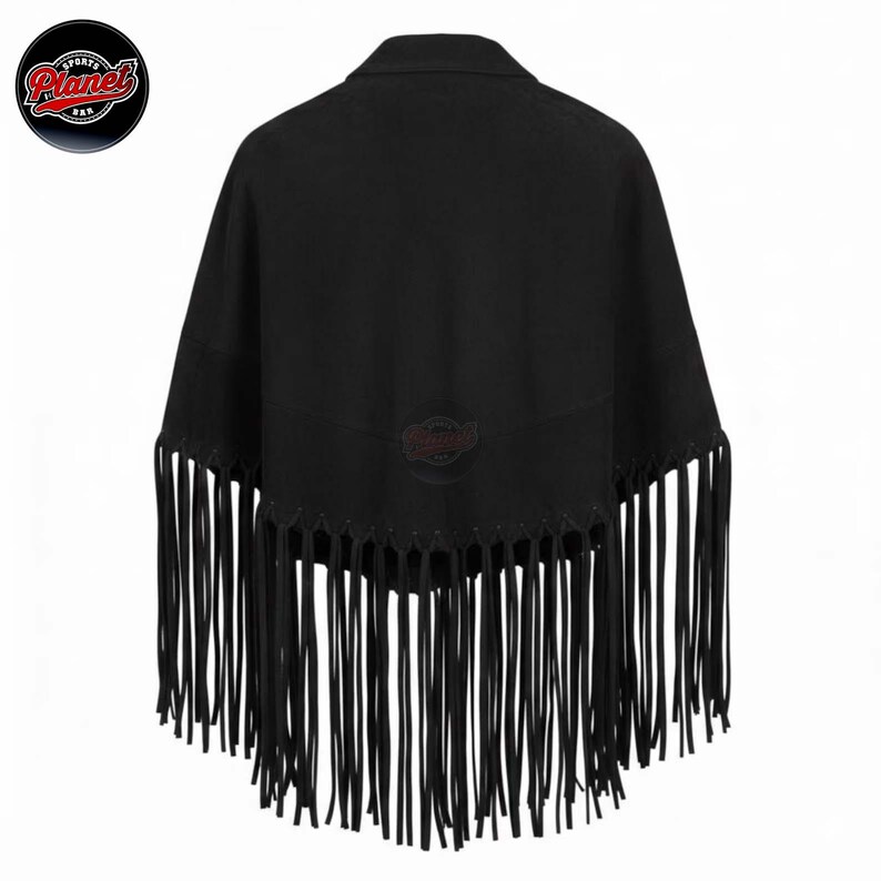 Women's genuine suede leather fringe western boho cape poncho — A black poncho featuring a wide collar and long, thin fringe detailing along the bottom hem. The garment includes a subtle, dark circular logo patch centered on the back, and a Sports Pl