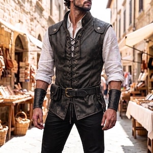 May include: A dark brown leather vest featuring a front lace-up closure with metal eyelets, a high collar, and a matching belt with an attached pouch. The vest is worn over a white long-sleeved shirt, paired with black wrist cuffs and black trousers.