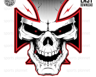 Tatuaggio gotico con teschio da motociclista e croce maltese in formato PNG (download digitale)