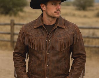 Giacca da cowboy con frange western da uomo, in vera pelle marrone anticata, cappotto da rodeo
