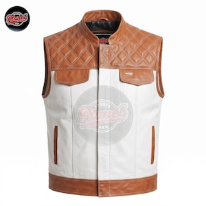 Men's White Brown Leather Motorcycle Vest, Diamond Quilted Cowhide Biker Waistcoat, Concealed Carry, Riding Vest