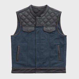 Mens Biker Vest: Cowhide Leather & Canvas, Diamond Cut, MC Patch Waistcoat