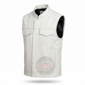 Men's White Leather Biker Vest, Mandarin Collar Motorcycle Club Waistcoat, Concealed Front Closure, Patch Ready Riding Vest, Gift for Him