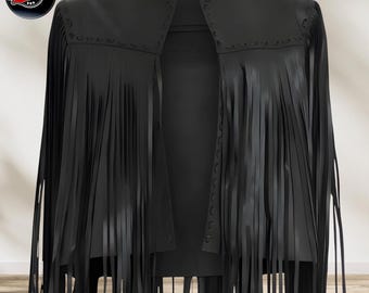 Women Black Sheepskin Leather Fringe Vest , Western Cowgirl Vest