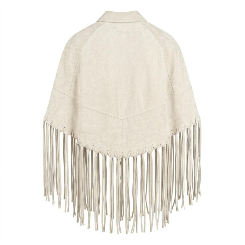Women's genuine suede leather fringe western boho cape poncho — A beige suede poncho featuring a pointed hemline with long, thin fringe detailing along the bottom edge. The garment includes a structured collar and a V-shaped seam across the upper bac