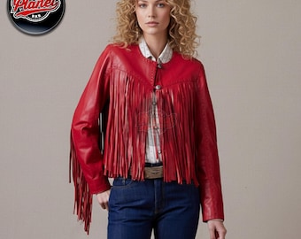 Ladies Red Fringed Leather Jacket, Western Style Women Motorcycle Jacket, Cow Girl Fringe Coat