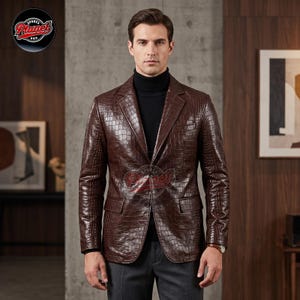 Men's Burgundy Crocodile Embossed Leather Blazer, Luxury Wine Red Party Jacket, Wedding Guest Prom Evening Sport Coat, Gift for Him
