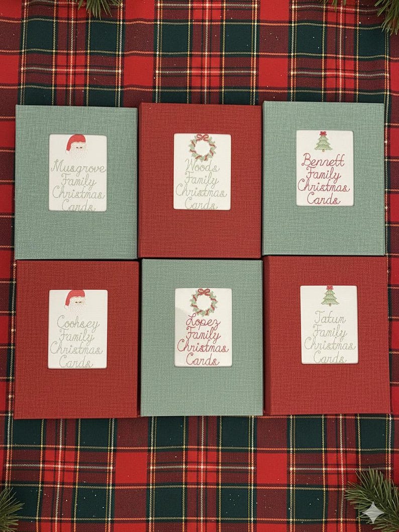 May include: Six Christmas card holders in red and green. Each card holder has a white label with a family name and "Family Christmas Cards" printed on it. The labels feature festive graphics like a Santa hat, wreath, and Christmas tree.