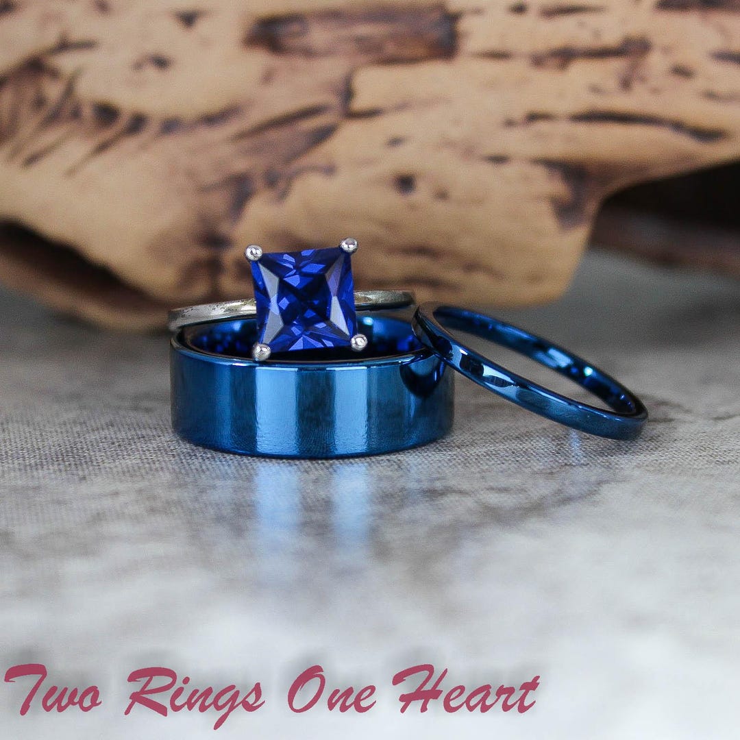 Matching Couple Rings, Couple Wedding Ring Set, Blue Tungsten Bands ...