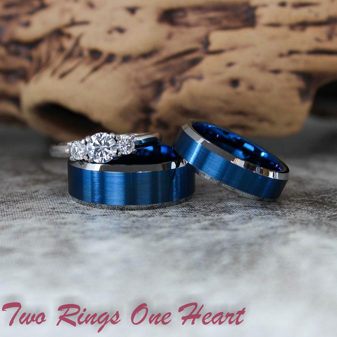 Matching Couple Rings, Couple Wedding Ring Set, Blue Tungsten Bands ...