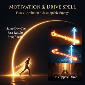 May include: An image with the text "MOTIVATION & DRIVE SPELL" and the words "Focus, Ambition, Unstoppable Energy". A person is running through a glowing arch. The image also includes text that says "Same Day Cast, Fast Results, Free Recast" and "Unstoppable Drive".