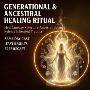 May include: An image with the text "GENERATIONAL & ANCESTRAL HEALING RITUAL". It features a glowing illustration of a woman in a white dress surrounded by two figures and a golden circle. The text also includes "SAME DAY CAST, FAST RESULTS, FREE RECAST."
