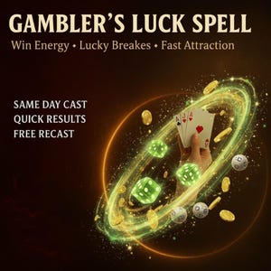 May include: An image promoting a Gambler's Luck Spell. The image features playing cards, dice, and coins, with text that reads "Win Energy, Lucky Breakes, Fast Attraction, Same Day Cast, Quick Results, Free Recast."