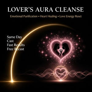 May include: A digital graphic with the text "LOVER'S AURA CLEANSE" and subtext about emotional purification, heart healing, and love energy reset. The image features a glowing heart design with two silhouettes and a lower heart.