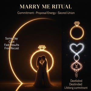 Puede incluir: Imagen con el texto "MARRY ME RITUAL" y "Commitment - Proposal Energy - Sacred Union". Presenta un anillo brillante con una pareja en su interior, un icono de anillo y un símbolo de infinito en forma de corazón. También está presente el texto "Same Day Cast Fast Results Free Recast".