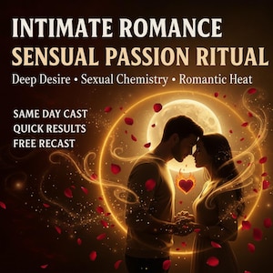 Könnte beinhalten: Digitales Kunstwerk, das ein intimes Romantik-Ritual bewirbt. Das Bild zeigt ein Paar in einer liebevollen Umarmung, mit einem brennenden Herzen zwischen ihnen. Der Text lautet: "INTIMATE ROMANCE, SENSUAL PASSION RITUAL, Deep Desire, Sexual Chemistry, Romantic Heat, SAME DAY CAST, QUICK RESULTS, FREE RECAST."