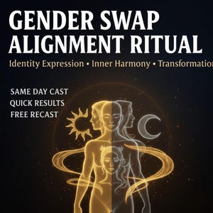Puede incluir: Gráfico digital con el texto "GENDER SWAP ALIGNMENT RITUAL". La imagen presenta una figura humana estilizada con tres rostros, un sol y una luna creciente. El texto incluye "Identity Expression, Inner Harmony, Transformation, Same Day Cast, Quick Results, Free Recast."
