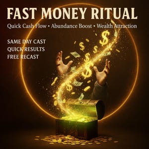 May include: An image with the text "FAST MONEY RITUAL" and additional text about quick cash flow, abundance, and wealth. The image depicts hands reaching up towards dollar signs and money flowing from a treasure chest filled with gold coins.