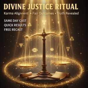 Puede incluir: Imagen con el texto "DIVINE JUSTICE RITUAL" y otro texto. Una balanza dorada está centrada, con dos pergaminos en la parte inferior. El fondo tiene un brillo dorado con símbolos y rayos de luz.