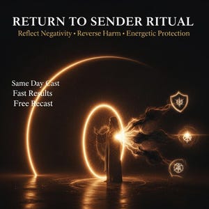 Op de afbeelding: Een afbeelding met de tekst "RETURN TO SENDER RITUAL" en extra tekst: "Reflect Negativity • Reverse Harm • Energetic Protection." Een figuur staat in een gloeiende cirkel, met drie symbolen en de tekst: "Same Day Cast, Fast Results, Free Recast."