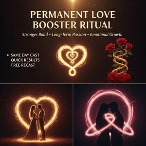 Può includere: Una pubblicità per un rituale di potenziamento dell'amore. L'immagine presenta il testo "PERMANENT LOVE BOOSTER RITUAL" e "Stronger Bond • Long-Term Passion • Emotional Growth". L'immagine include anche forme di cuore luminose, rose e sagome di coppie.