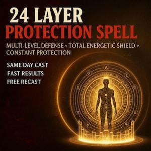 May include: An image with the text "24 LAYER PROTECTION SPELL" in white and red. The image also includes the phrases "MULTI-LEVEL DEFENSE", "TOTAL ENERGETIC SHIELD", and "CONSTANT PROTECTION". A silhouette of a person is inside a glowing golden circle.