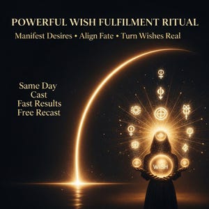 Peut inclure: Illustration numérique avec un fond sombre et des accents dorés. Le texte indique "POWERFUL WISH FULFILLMENT RITUAL" et "Manifest Desires, Align Fate, Turn Wishes Real." Une silhouette tient des orbes lumineux avec le mot "WISH".