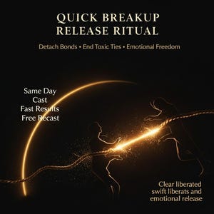 May include: A dark image with the text "QUICK BREAKUP RELEASE RITUAL". It depicts two silhouetted figures pulling on a rope that is breaking apart with sparks. Text includes "Detach Bonds", "End Toxic Ties", "Emotional Freedom".
