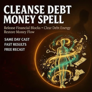 May include: An advertisement with the text "CLEANSE DEBT MONEY SPELL" and additional text. The image features a glowing figure surrounded by swirling energy, chains, and dollar bills, with a dark background.