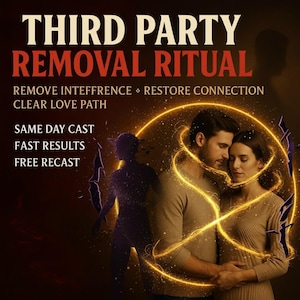 Puede incluir: Imagen que promociona un "Ritual de Eliminación de Terceros". El texto incluye frases como "Eliminar Interferencia" y "Restaurar la Conexión". Una pareja está abrazada dentro de un círculo de energía dorada, con una figura sombría a la izquierda.