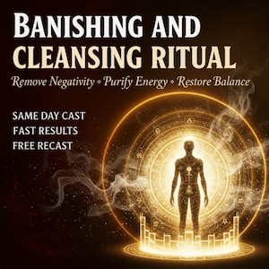May include: An image with the text "BANISHING AND CLEANSING RITUAL". It also includes the phrases "Remove Negativity", "Purify Energy", and "Restore Balance". A glowing figure is in the center, surrounded by a golden energy field. The text "SAME DAY CAST", "FAST RESULTS", and "FREE RECAST" are also present.