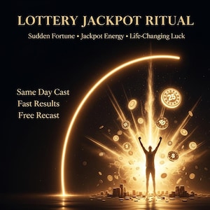Op de afbeelding: Afbeelding met de tekst "LOTTERY JACKPOT RITUAL" en "Sudden Fortune, Jackpot Energy, Life-Changing Luck". Een persoon staat met opgeheven armen, omringd door gloeiende munten en lichtflitsen. Tekst bevat "Same Day Cast, Fast Results, Free Recast".