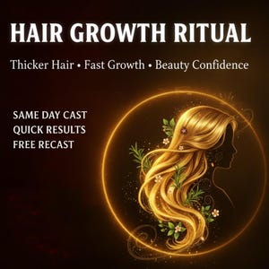 May include: An advertisement for a hair growth ritual. The image features a silhouette of a woman with long, flowing golden hair, adorned with flowers and greenery, within a glowing circular frame. Text includes "Hair Growth Ritual", "Thicker Hair", "Fast Growth", "Beauty Confidence", "Same Day Cast", "Quick Results", and "Free Recast".