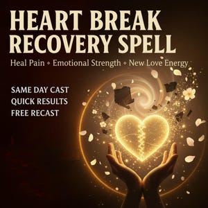May include: An image with the text "HEART BREAK RECOVERY SPELL". The image shows a glowing heart held in two hands, with a swirling golden light and floating particles. Text includes "Heal Pain, Emotional Strength, New Love Energy, Same Day Cast, Quick Results, Free Recast."