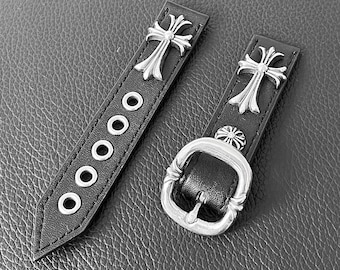 Gothic Cross Leather Watch Strap, Silver Chrome Watch Band, Vintage Floral Unisex Adjustable Sizing