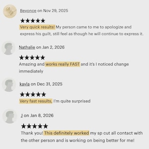 May include: A screenshot of customer reviews with text and star ratings. The reviews are from Beyonce, Nathalie, Kayla, and Jon. The reviews mention quick results and positive experiences. The text is in black font on a light beige background.