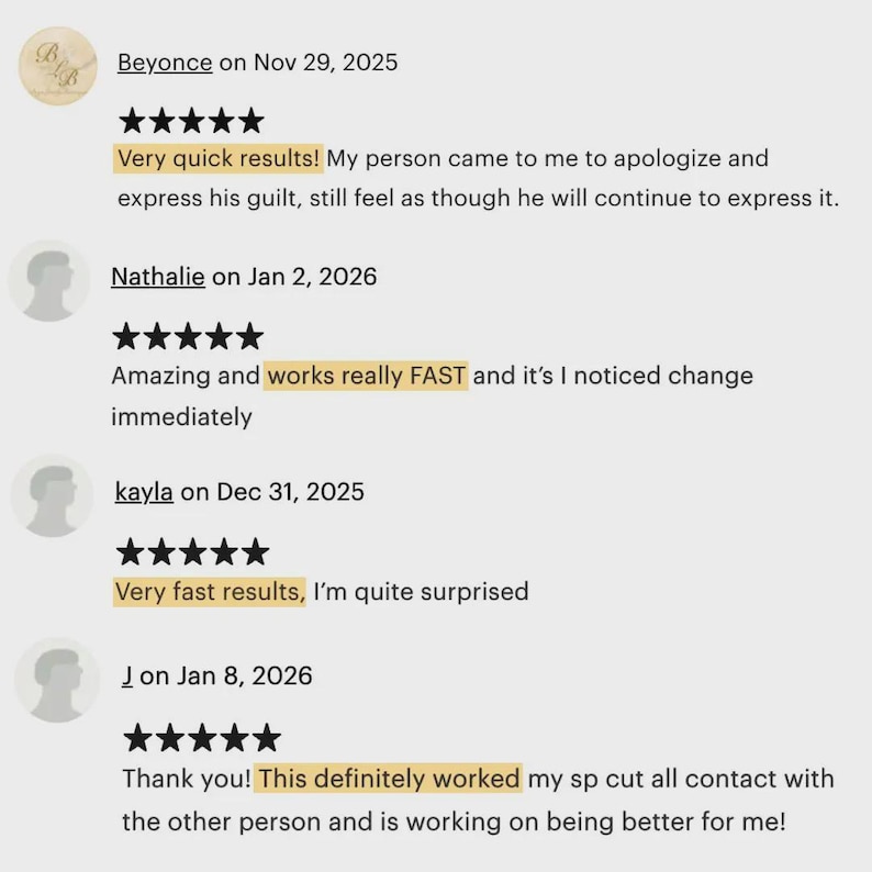 May include: A screenshot of customer reviews with text and star ratings. The reviews are from Beyonce, Nathalie, Kayla, and Jon. The reviews mention quick results and positive experiences. The text is in black font on a light beige background.
