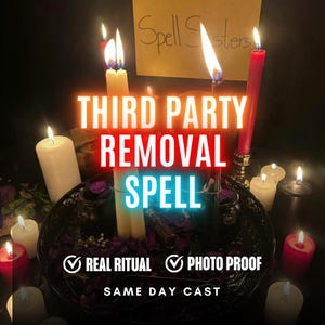 May include: A collection of lit candles in various colours including red, white, and black, arranged around a dark circular tray filled with dried purple petals. Text overlays read "THIRD PARTY REMOVAL SPELL", "REAL RITUAL", "PHOTO PROOF", and "SAME DAY CAST".
