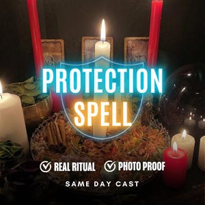 May include: A collection of red and white candles arranged around a central white candle, with cinnamon sticks and dried herbs on a glass tray. The text PROTECTION SPELL, REAL RITUAL, PHOTO PROOF, and SAME DAY CAST is overlaid on the image.