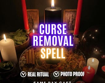May include: A collection of candles including a large black pillar candle, two tall red taper candles, and several white votive candles arranged around a central tray filled with dried herbs and cinnamon sticks, with text reading CURSE REMOVAL SPELL.