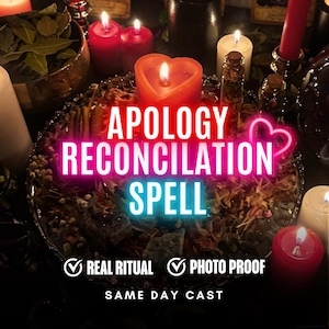 May include: A collection of red and white candles, dried herbs, and small glass bottles arranged on a dark surface. The text reads: APOLOGY RECONCILIATION SPELL, REAL RITUAL, PHOTO PROOF, and SAME DAY CAST, with a glowing pink heart icon.