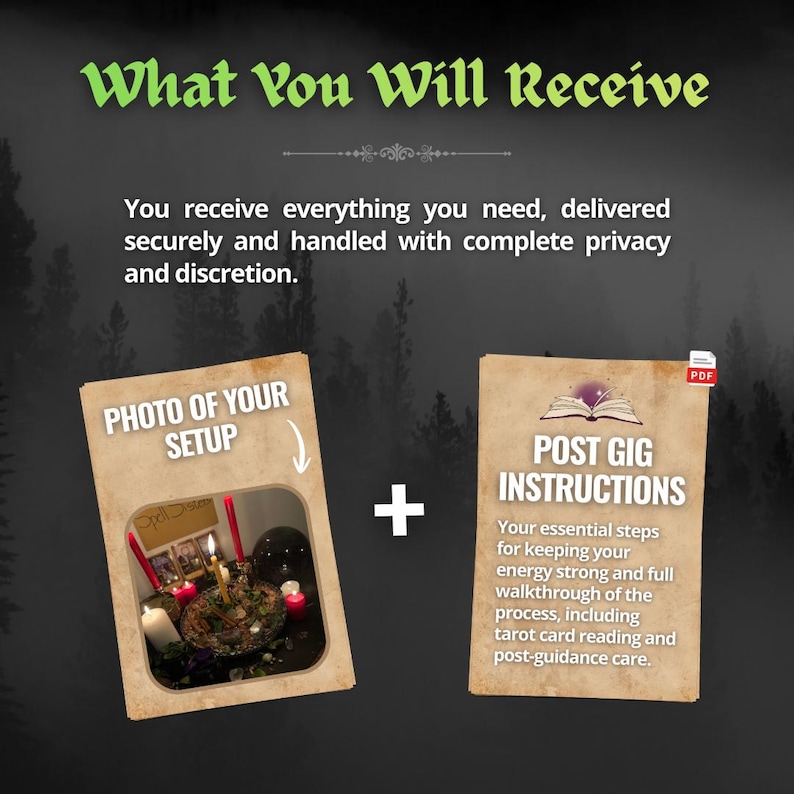 May include: Image with text "What You Will Receive" and "PHOTO OF YOUR SETUP" and "POST GIG INSTRUCTIONS". The image shows two cards, one with a photo of a setup with candles and the other with instructions.