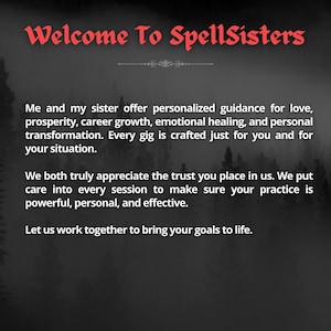 May include: A dark background with the text "Welcome To SpellSisters" in red, stylized font. The text below describes personalized guidance for love, prosperity, career growth, emotional healing, and personal transformation.