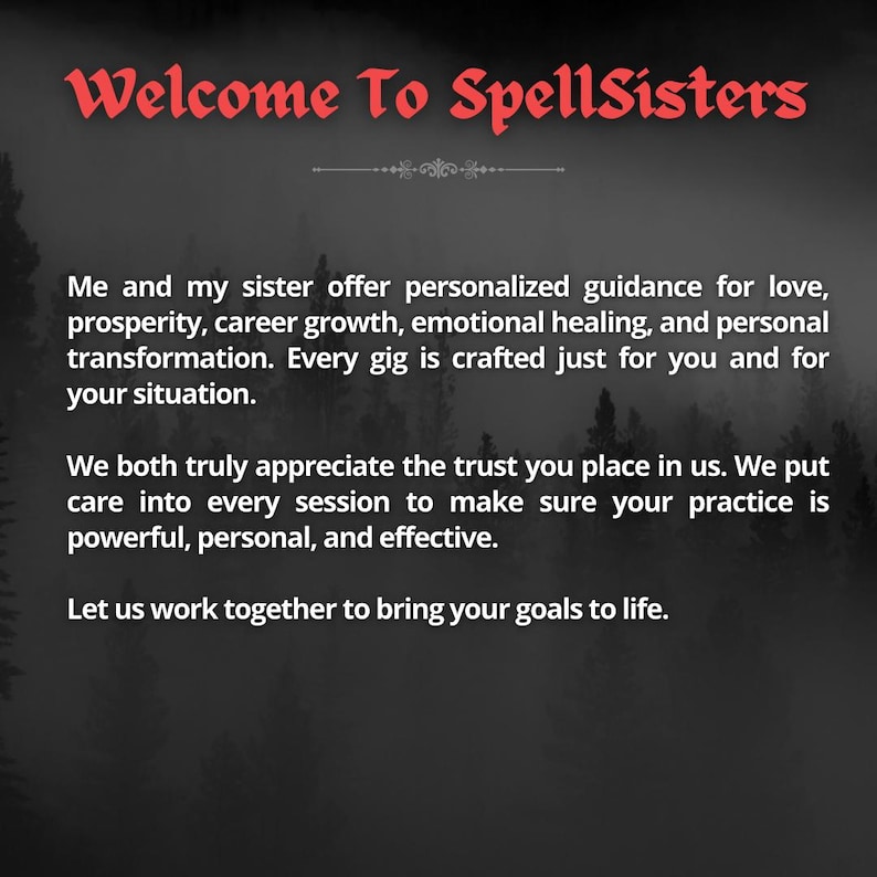 May include: A dark background with the text "Welcome To SpellSisters" in red, stylized font. The text below describes personalized guidance for love, prosperity, career growth, emotional healing, and personal transformation.