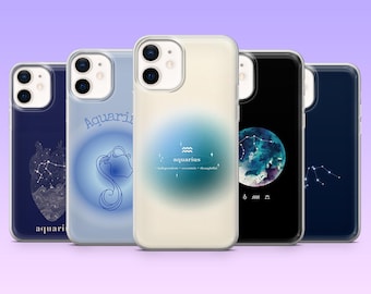 May include: Five smartphone cases featuring Aquarius zodiac themes. Designs include a heart-shaped constellation, a blue line-art water bearer, a central cream case with a blue aura, a dark circular nebula with stars, and a simple white constellation.