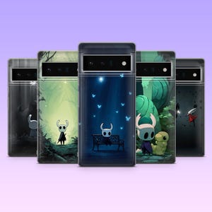 May include: Five smartphone cases featuring various scenes from the video game Hollow Knight. Each case displays a unique illustration, including characters like the Knight and Hornet, set against dark, blue, and green forest backgrounds.