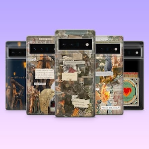 May include: Five smartphone cases featuring collage designs with various literary-themed illustrations, text excerpts, and character depictions. The cases display diverse artistic motifs including swords, flames, and figures, with visible text like Throne of Glass.